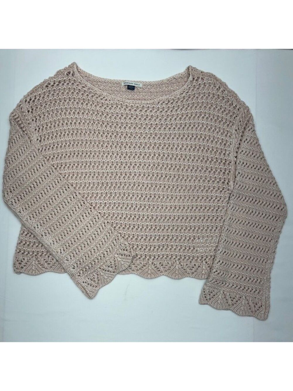 American Eagle Ballet Neck Open-Knit Cropped Sweater Pink Scalloped Hem Medium